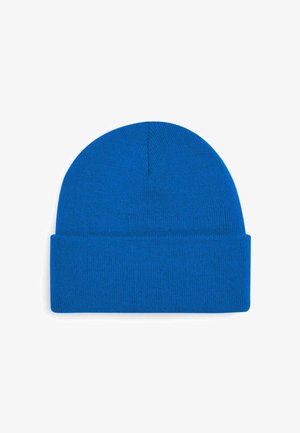 Blue knit beanie with a rounded top and a folded cuff. Made from textured fabric, featuring a solid color without patterns or embellishments.
