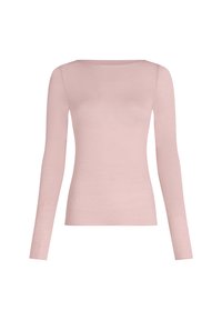 Langsleeve top in zachtroze, gemaakt van een gladde stof met een aansluitend ontwerp en een brede halslijn, zonder patronen of versieringen.