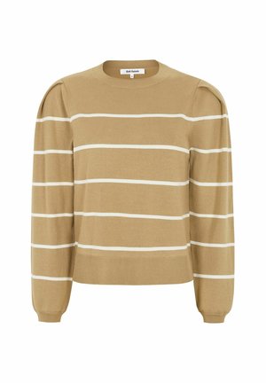 Svetlohnedý sveter s bielymi horizontálnymi pruhmi, okrúhlym výstrihom a vypufovanými ramennými partami. Vyrobený z mäkkého materiálu s rebrovanými manžetami a spodným lemom.
