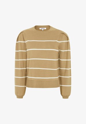 Lichtbruin truitje met witte horizontale strepen, ronde hals en pofmouwen. Gemaakt van zacht materiaal met geribbelde manchetten en zoom.