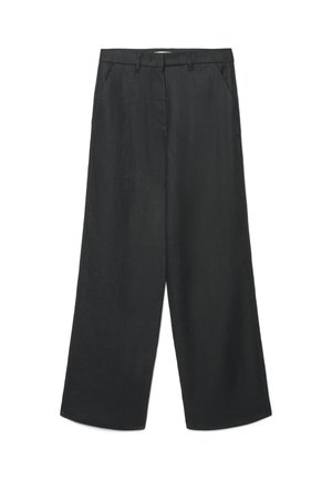 Schwarze, weit geschnittene Hose mit Gürtelschlaufen, vorderen Taschen und einem verdeckten Knopf- und Reißverschluss.