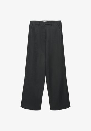 Black wide-leg trousers with belt loops, front pockets, and a concealed button and zipper closure.