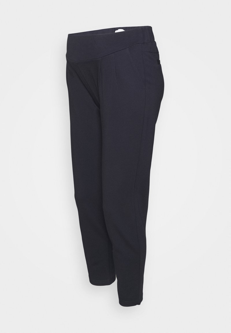 Pantalon de maternité noir avec une large ceinture élastique et une silhouette à jambe effilée, présenté sur un fond blanc.