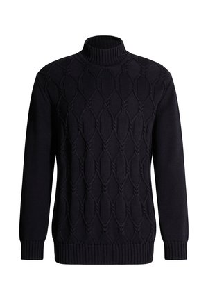 Maglione a maglia blu navy con colletto alto a coste, caratterizzato da un motivo a rombi in rilievo e polsini e orlo a coste.