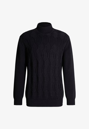 Maglione a maglia blu navy con colletto alto a coste, caratterizzato da un motivo a rombi in rilievo e polsini e orlo a coste.