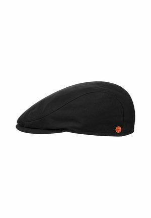 Black flat cap with a small round orange logo on the side, shown against a white background.
