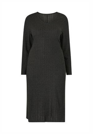 Long-sleeve, dark gray dress with a v-neck, featuring a ribbed texture and a straight silhouette, reaching mid-calf length.