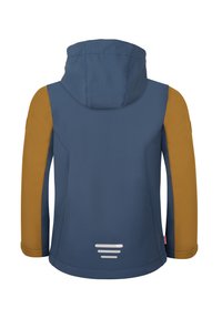 Veste bleue et marron avec capuche, en tissu texturé, et accents réfléchissants au dos. Conçue avec une coupe moderne et des lignes épurées.
