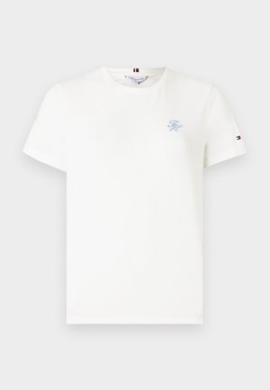 White cotton t-shirt with short sleeves, featuring a light blue embroidered logo on the chest and a small tri-color accent on the sleeve.