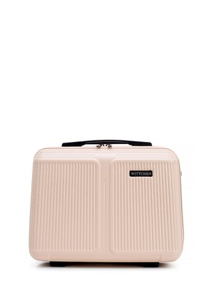 Kompaktowa beżowa walizka z twardą powłoką, pionowymi żłobieniami, czarną rączką, srebrnym zamkiem błyskawicznym oraz etykietą "WITTCHEN" z przodu.