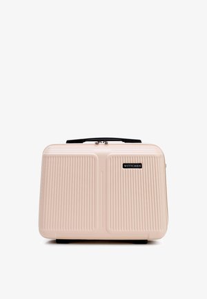 Kompaktowa beżowa walizka z twardą powłoką, pionowymi żłobieniami, czarną rączką, srebrnym zamkiem błyskawicznym oraz etykietą "WITTCHEN" z przodu.