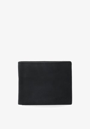 Czarny skórzany portfel o gładkiej fakturze, w formacie bi-fold, z subtelnym wytłoczonym logo z przodu. Brak widocznych elementów metalowych lub wzorów.