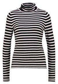 Mustavalkoraidallinen poolokauluksinen pitkähihaisen paita, vartalonmyötäinen malli ja resorikaulus. Sileä kangaspinta ja tasainen kuvio.