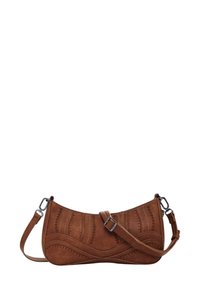 Borsa in suede marrone con una forma arrotondata, cuciture decorative, una tracolla abbinata e dettagli in metallo argentato. Presenta una chiusura con fibbia.