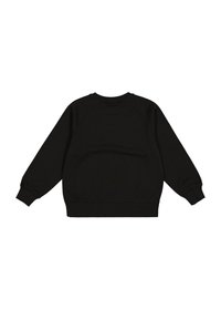 Sudadera negra con cuello redondo, mangas raglán y puños de canalé. Textura suave y un diseño simple y sin adornos.