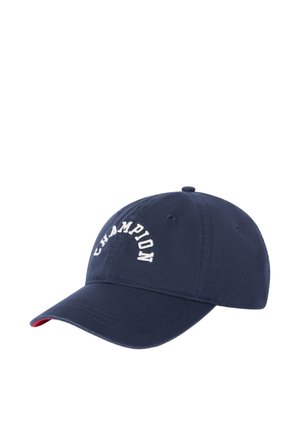 Gorra de béisbol azul marino con visera curvada y texto blanco "CHAMPION" bordado en forma de arco en la parte delantera.