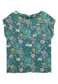 Kortærmet turkis top med et blomstermønster i pink, gul og hvid, lavet af letvægtsstof.