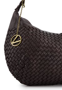 Dark brown leather handbag with woven texture, featuring a gold-toned chain strap and a circular logo accent. Compact, curved shape.