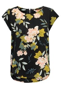Blouse fleurie en tissu noir, ornée de fleurs roses et jaunes ainsi que de feuilles vertes ; encolure ronde, manches courtes et ourlet arrondi.