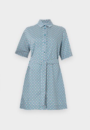 Φόρεμα με κοντά μανίκια και κουμπιά, με γεωμετρικό μπλε και λευκό μοτίβο και γιακά, μήκους μέχρι το γόνατο με ζώνη στη μέση.