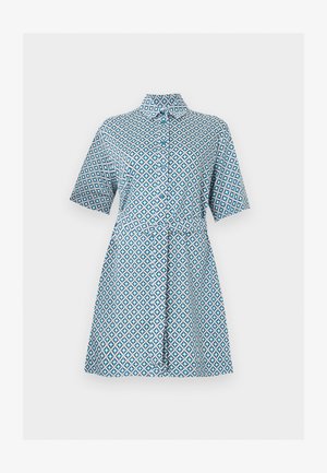 Robe à manches courtes boutonnée avec motif géométrique bleu et blanc et col, longueur genou avec ceinture à nouer à la taille.