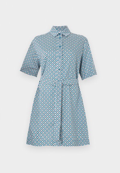 Φόρεμα με κοντά μανίκια και κουμπιά, με γεωμετρικό μπλε και λευκό μοτίβο και γιακά, μήκους μέχρι το γόνατο με ζώνη στη μέση.