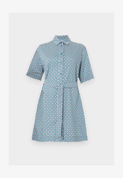 Φόρεμα με κοντά μανίκια και κουμπιά, με γεωμετρικό μπλε και λευκό μοτίβο και γιακά, μήκους μέχρι το γόνατο με ζώνη στη μέση.