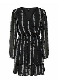 Schwarzes und graues Batik-Kleid mit langen Ärmeln, Wickeldesign, smocktem Taillenbereich und schichtartig gestaltetem Rock. Leichter Stoff mit einer weichen Textur.