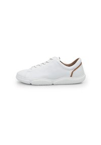 White leather sneaker with a smooth texture, round toe, and contrasting brown accent at the heel. Features white rubber sole and lace-up design.