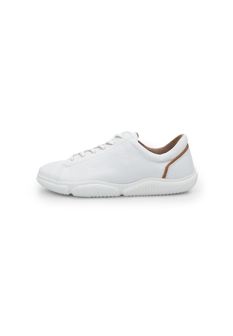 White leather sneaker with a smooth texture, round toe, and contrasting brown accent at the heel. Features white rubber sole and lace-up design.