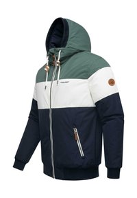 Farbblockierte Kapuzenjacke in Grün, Weiß und Marineblau. Mit einer Kordelzugkapuze, einer Reißverschlusstasche sowie gerippten Bündchen und Saum.