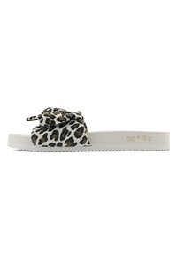 Leopard-print slide sandal with a textured bow detail, white rubber sole, and zigzag pattern along the edge; brand name embossed on strap.