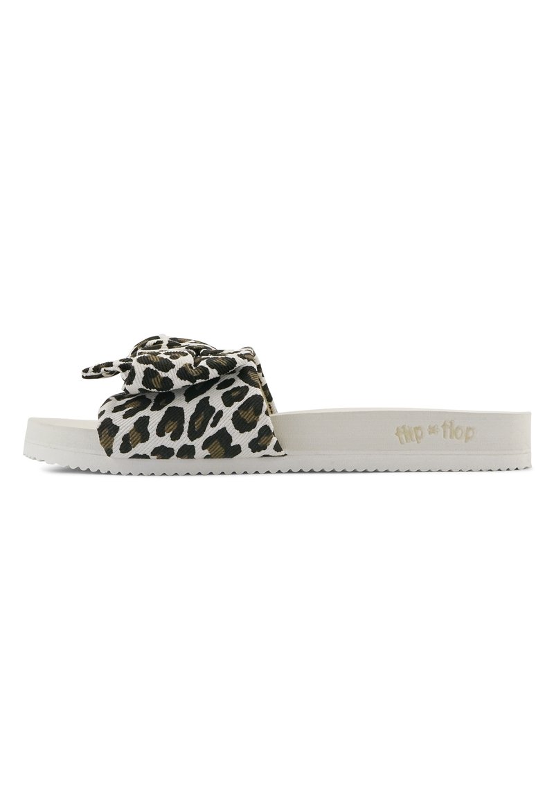 Leopard-print slide sandal with a textured bow detail, white rubber sole, and zigzag pattern along the edge; brand name embossed on strap.
