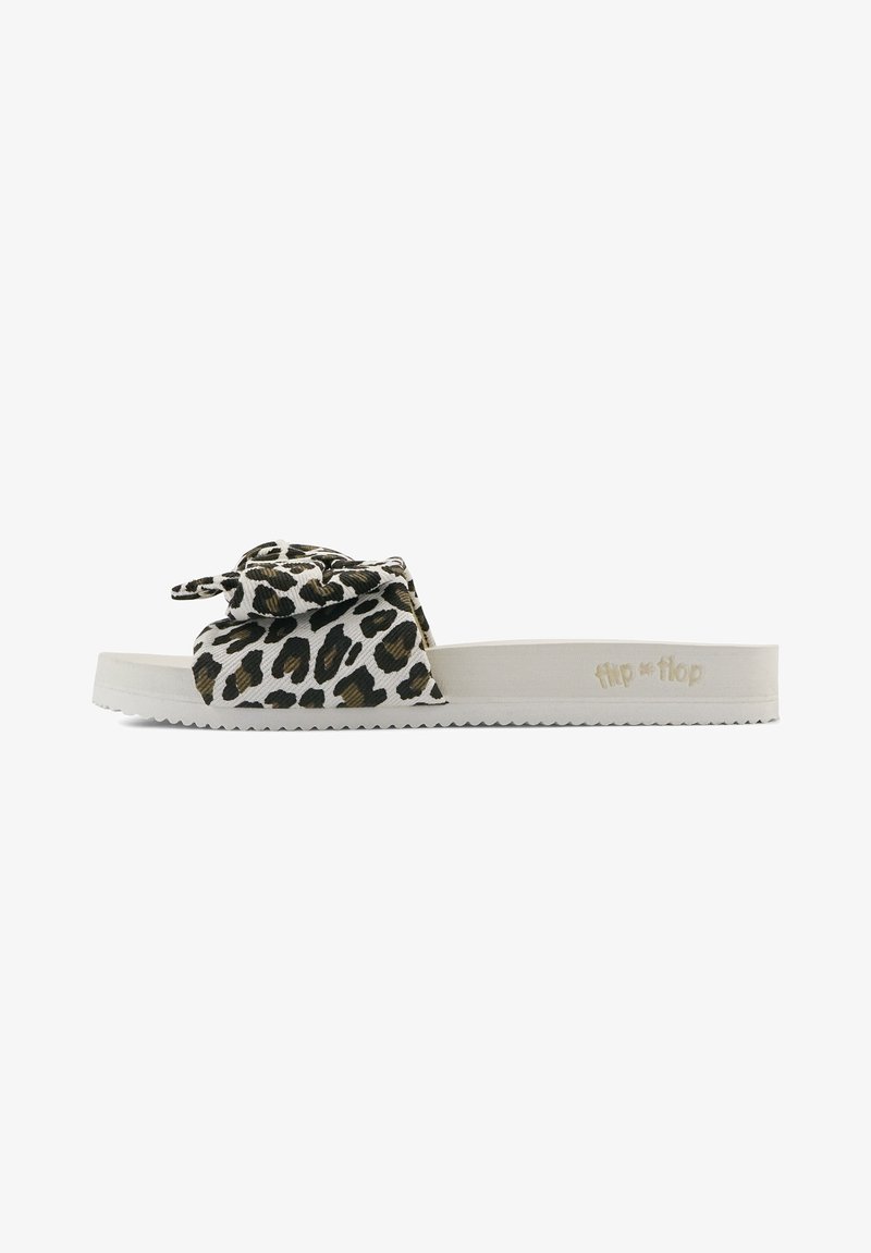 Leopard-print slide sandal with a textured bow detail, white rubber sole, and zigzag pattern along the edge; brand name embossed on strap.