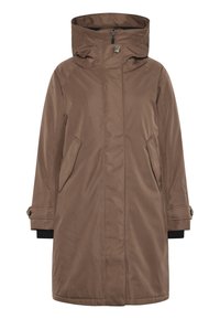 Bruine parka jas met een frontaal rits, grote capuchon en twee zijzakken. Gemaakt van een gladde, waterafstotende stof met zwarte manchettenaccenten.