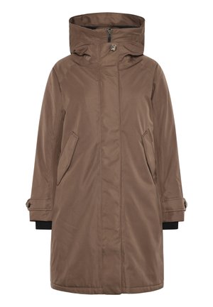 Bruine parka jas met een frontaal rits, grote capuchon en twee zijzakken. Gemaakt van een gladde, waterafstotende stof met zwarte manchettenaccenten.