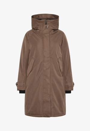 Bruine parka jas met een frontaal rits, grote capuchon en twee zijzakken. Gemaakt van een gladde, waterafstotende stof met zwarte manchettenaccenten.