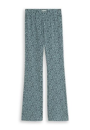 Blauwe broek met zwart luipaardprintpatroon, rechte pijp en elastische tailleband.