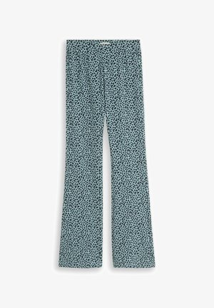 Blauwe broek met zwart luipaardprintpatroon, rechte pijp en elastische tailleband.