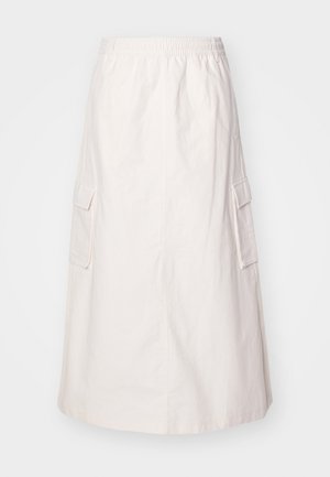Light beige, knee-length skirt with an elastic waistband. Features two side cargo pockets and a straight cut with a smooth texture.