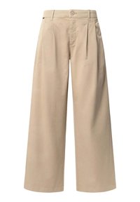 Pantalons larges beiges avec deux plis sur le devant, une fermeture à bouton et une texture lisse. Conçus pour le confort et une coupe ample.