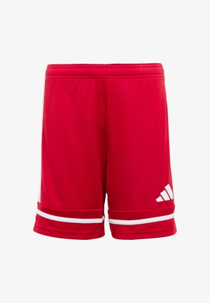 Pantalones cortos deportivos rojos hechos de tela ligera. Con rayas blancas en el dobladillo y un logo de tres rayas blancas en el lateral. Cintura elástica.