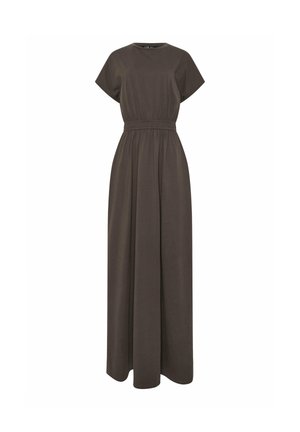 Abito lungo marrone scuro a maniche corte con scollatura rotonda e vita elastica, gonna fluida e vestibilità ampia.