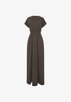 Dark brown short-sleeve maxi dress with a round neckline and elastic waistband, flowing skirt, and loose fit.