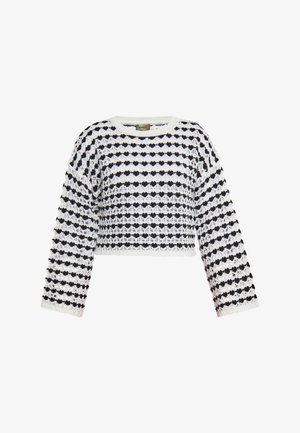 Kratka pulover z dolgimi rokavi, ki ima črno-belo črtasto vzorčenje, izdelan iz pletenega materiala z teksturirano površino.