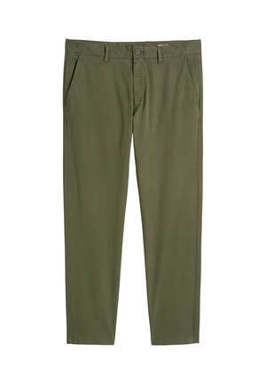 Olijfgroene chino's van katoen met een gladde textuur, voorzien van zijzakken en een knoopsluiting in de taille. Slim-fit ontwerp.