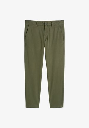 Olijfgroene chino's van katoen met een gladde textuur, voorzien van zijzakken en een knoopsluiting in de taille. Slim-fit ontwerp.