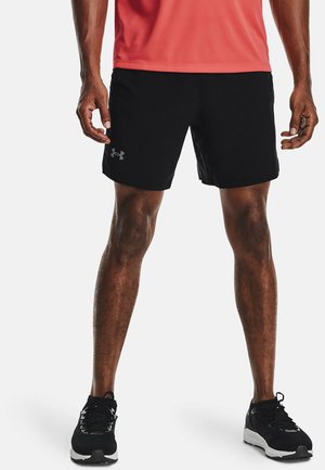 Schwarze Sportshorts mit glatter Textur und elastischem Bund, mit einem grauen Under Armour-Logo auf der linken Seite.