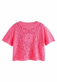 Różowy, dziany crop top z geometrycznym wzorem i ażurowym wykończeniem, krótkie rękawy i okrągły dekolt. Teksturowane wykończenie na całej powierzchni.