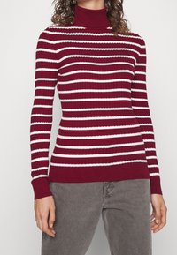 Pull à col roulé bordeaux avec des rayures blanches horizontales, texture côtelée et manches longues, associé à un pantalon gris.